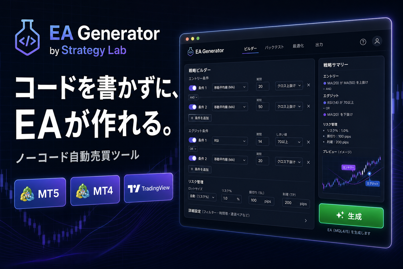 コードを書かずに、EAが作れる。ノーコード自動生成ツール EA Generator by Strategy Lab